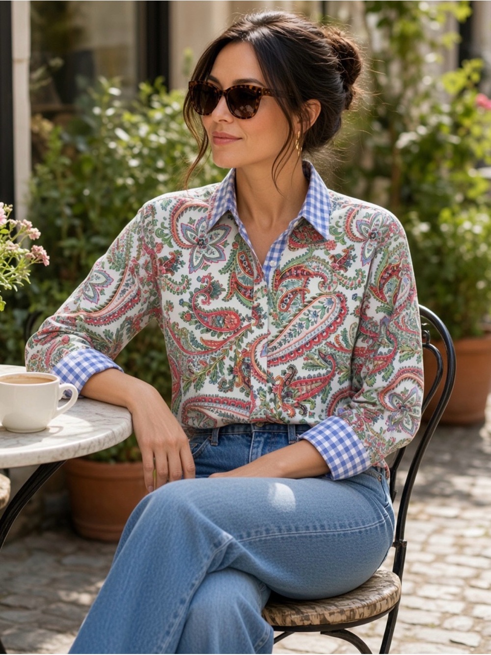 Chaps Shirt NO IRON Womens Petite L Multicolor Paisley 3/4 Sleeve Button Front